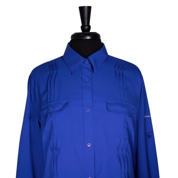 Columbia Womens Shirt Button Up Royal Blue PFG Omni Shade Pleated Pockets Top XL - Picture 6 of 10